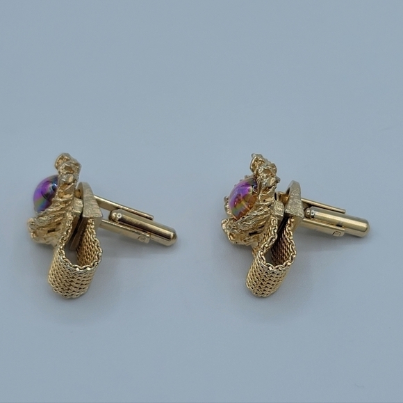 Goldtone Cufflinks Amber Tone Cabachon Aurora Borealis Finish #1182 - Picture 4 of 13